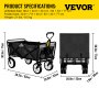 Carro plegable VEVOR con especificaciones del producto, dimensiones y peso mostrados en un cuadro amarillo.