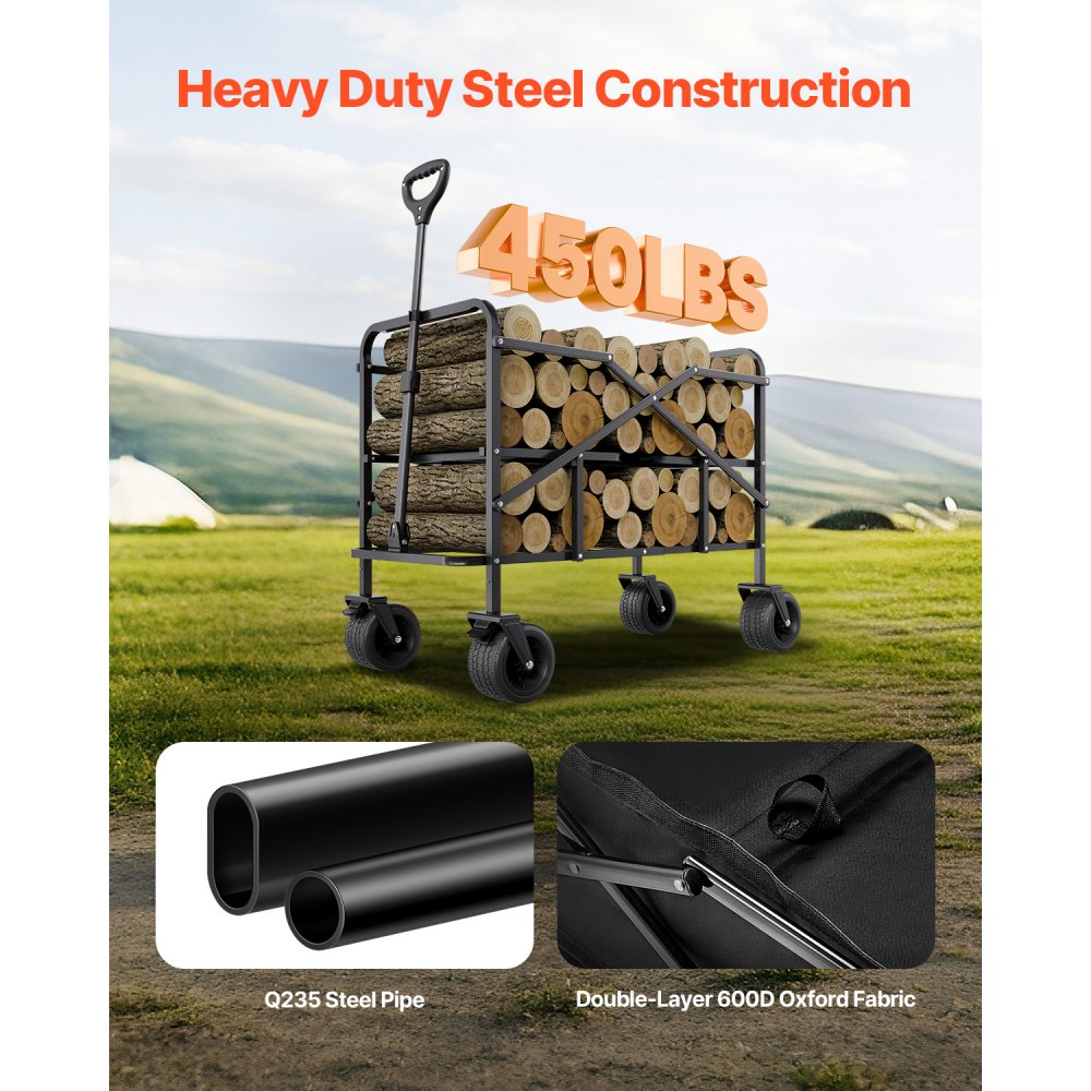 VEVOR Carro Plegable de Dos Pisos, Carro de Transporte Plegable 1120 x 560 x 800 mm con Ruedas Todoterreno, Carga de 204,12 kg, para Uso en Exteriores, para Camping, Deportes y Compras, Negro