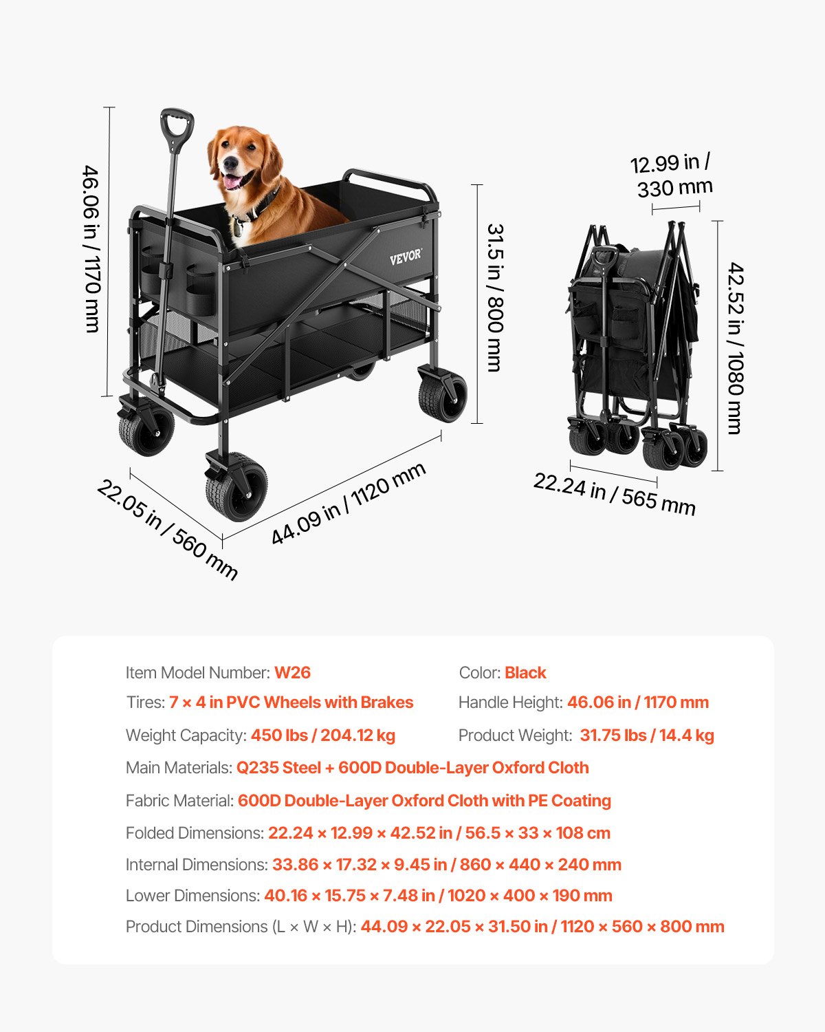 VEVOR Carro Plegable de Dos Pisos, Carro de Transporte Plegable 1120 x 560 x 800 mm con Ruedas Todoterreno, Carga de 204,12 kg, para Uso en Exteriores, para Camping, Deportes y Compras, Negro