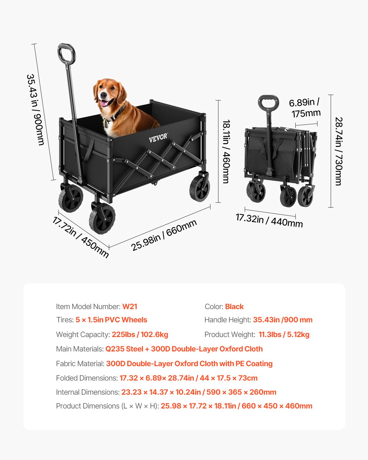 VEVOR Carrito Plegable para Exteriores, Carro de Transporte Plegable de 660 x 450 x 460 mm con Ruedas Todoterreno, Asa Ajustable Capacidad de Peso de 102,06 kg, para Playa, Jardín, Color Negro