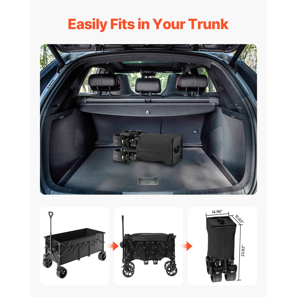 VEVOR Carro Plegable con Portón Trasero Extendido, Carro Plegable de Capacidad de 204,12 kg, Carros Utilitarios Plegables de Alta Resistencia con Ruedas Todoterreno, para Acampar y Comprar, Negro