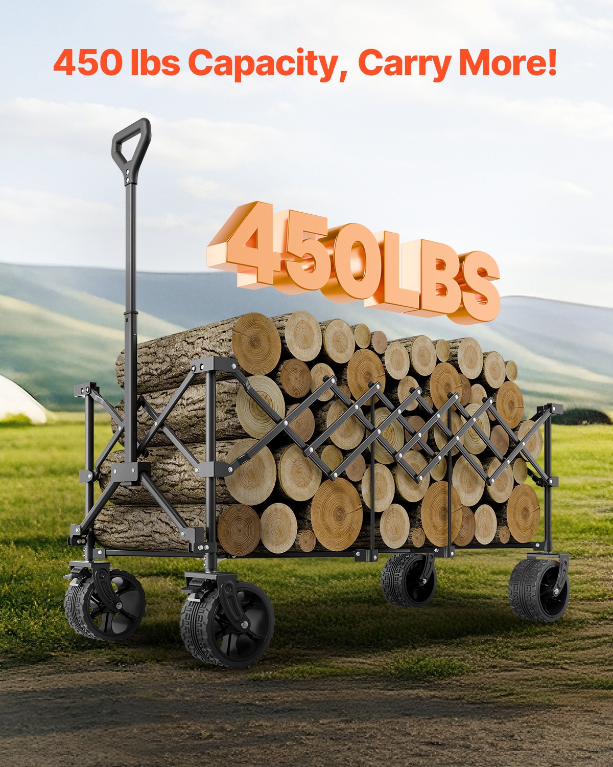 VEVOR Carro Plegable con Portón Trasero Extendido, Carro Plegable de Capacidad de 204,12 kg, Carros Utilitarios Plegables de Alta Resistencia con Ruedas Todoterreno, para Acampar y Comprar, Negro