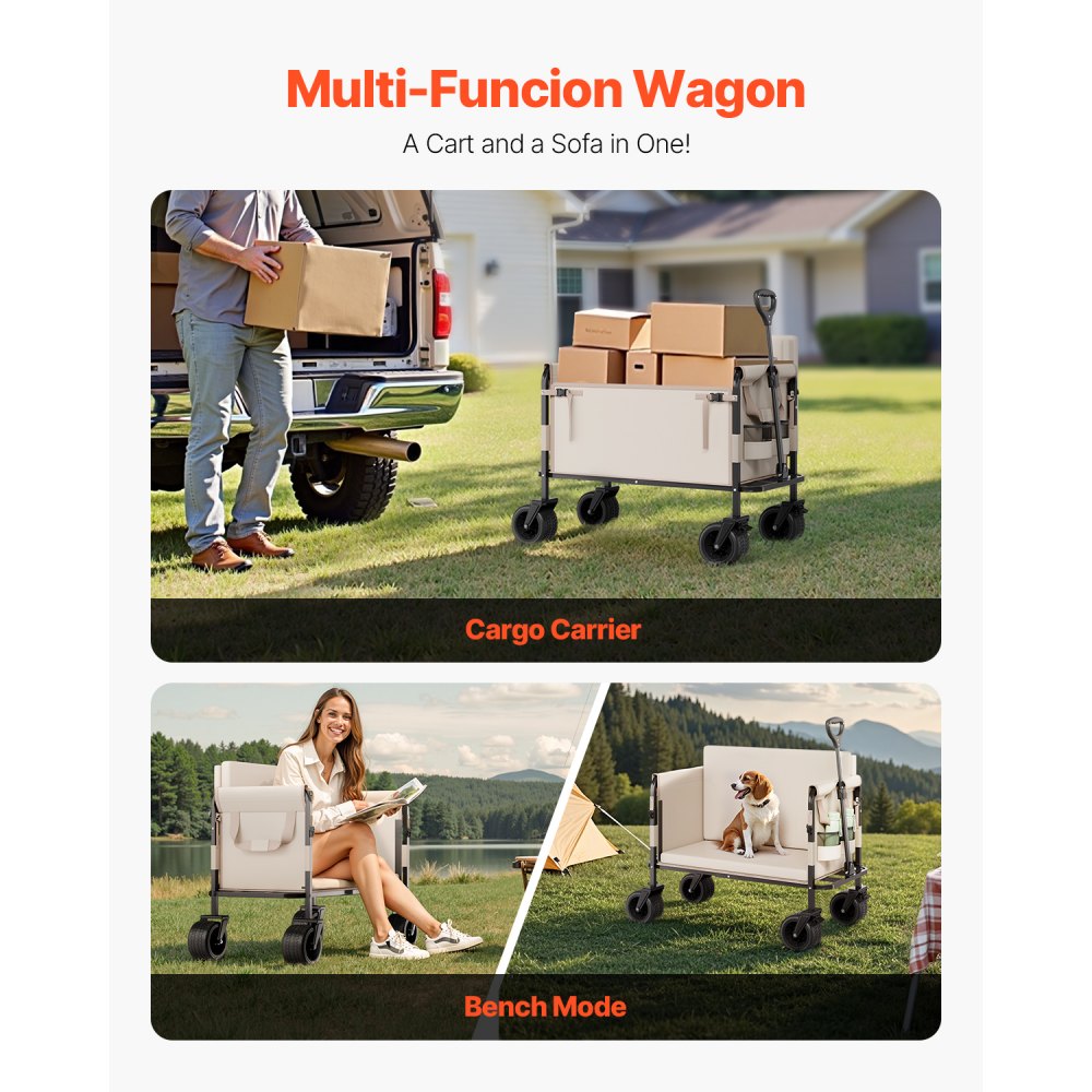 VEVOR Carrito Plegable 2 en 1, Carro Plegable 970 x 580 x 670 mm se Convierte en Banco con Asa Ajustable, Capacidad de Peso de 249,48 kg para Exteriores, Compras, Camping y Jardinería, Caqui