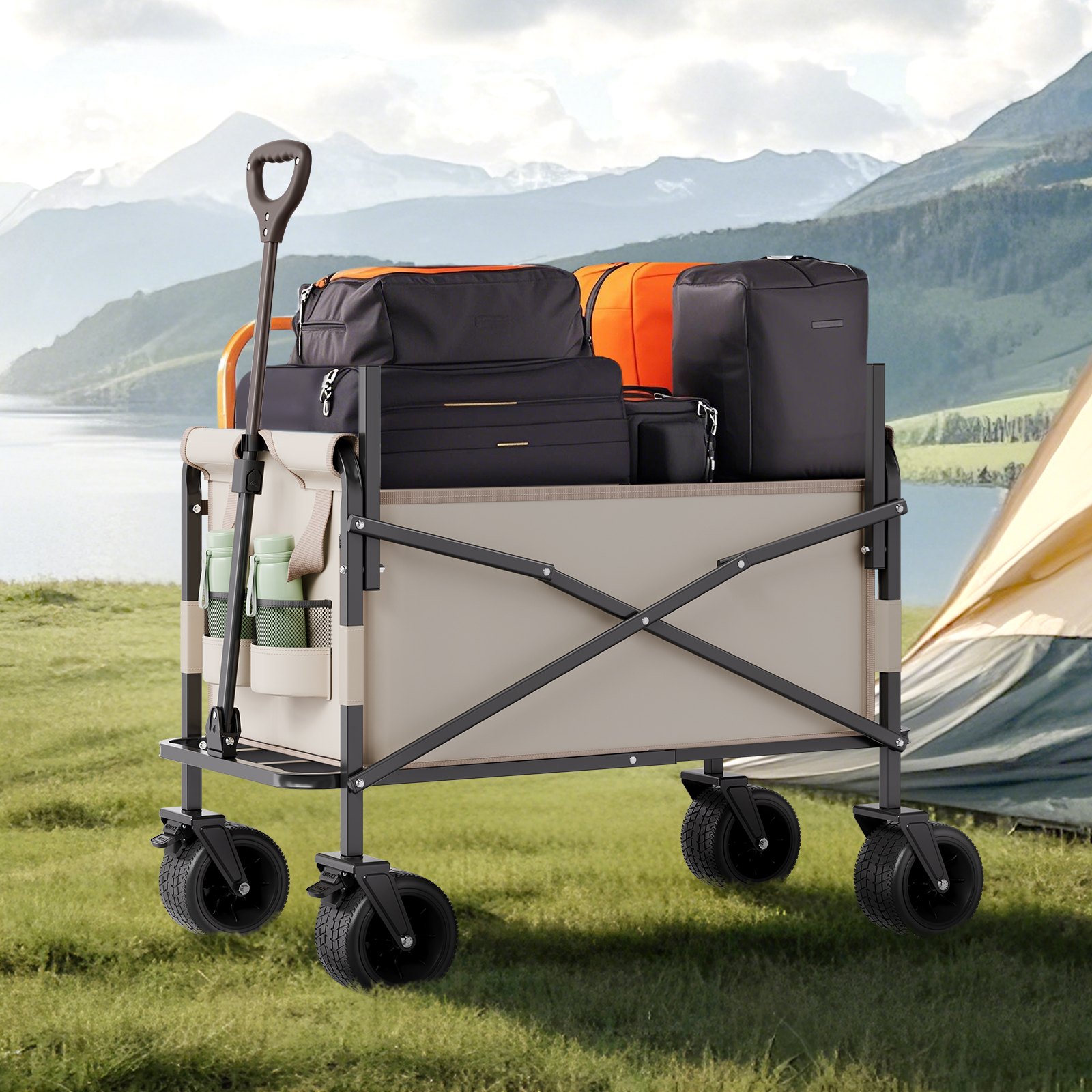 VEVOR Carrito Plegable 2 en 1, Carro Plegable 970 x 580 x 670 mm se Convierte en Banco con Asa Ajustable, Capacidad de Peso de 249,48 kg para Exteriores, Compras, Camping y Jardinería, Caqui