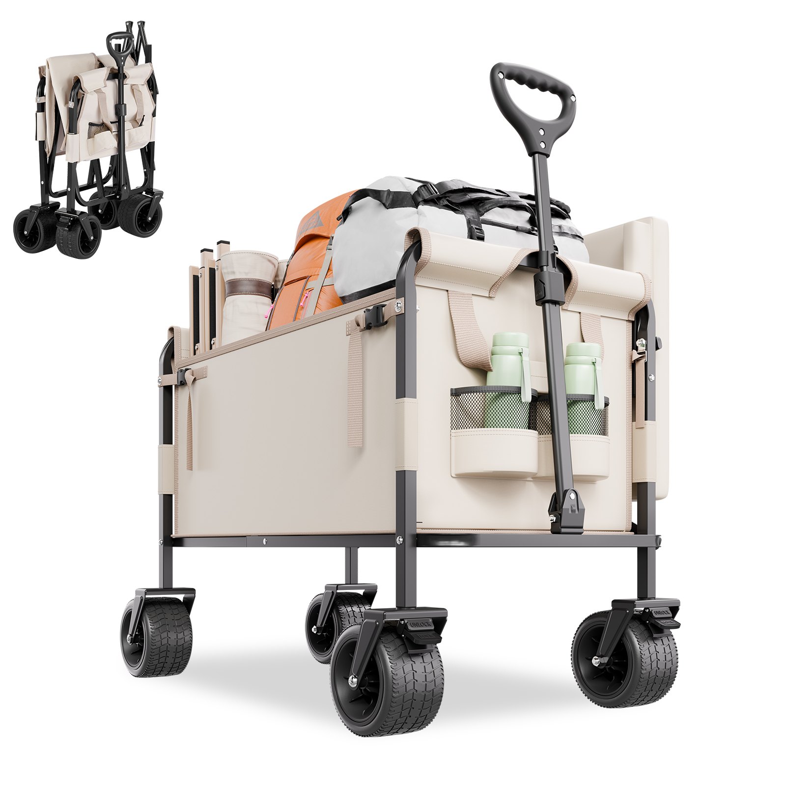 VEVOR Carrito Plegable 2 en 1, Carro Plegable 970 x 580 x 670 mm se Convierte en Banco con Asa Ajustable, Capacidad de Peso de 249,48 kg para Exteriores, Compras, Camping y Jardinería, Caqui