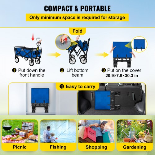 VEVOR Carro Plegable de Jardín Carga Máxima de 80 kg Carro Plegable de Transporte 83 x 44 x 25 cm Carrito de Mano para Patio Carreta de Playa con Ruedas Tela Azul y Gris Mango Extraíble 360° Giratorio