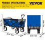 VEVOR Carro Plegable de Jardín Carga Máxima de 80 kg Carro Plegable de Transporte 83 x 44 x 25 cm Carrito de Mano para Patio Carreta de Playa con Ruedas Tela Azul y Gris Mango Extraíble 360° Giratorio