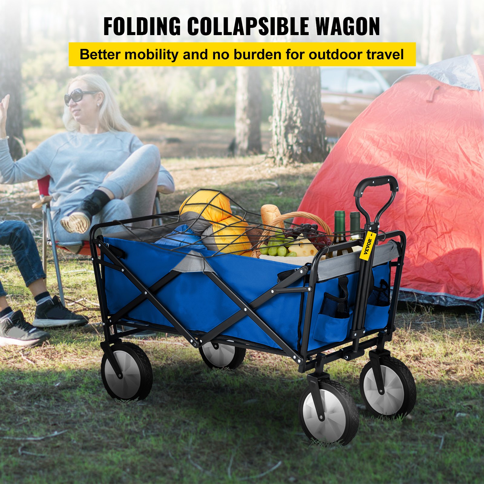 VEVOR Carro Plegable de Jardín Carga Máxima de 80 kg Carro Plegable de Transporte 83 x 44 x 25 cm Carrito de Mano para Patio Carreta de Playa con Ruedas Tela Azul y Gris Mango Extraíble 360° Giratorio