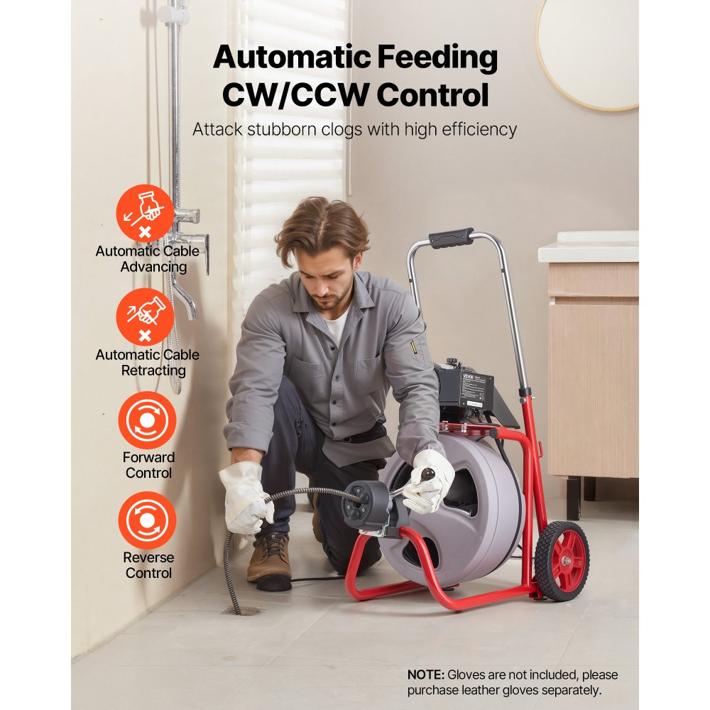 VEVOR Desatascador de Desagües Eléctrico 22 m x 9,5 mm, Máquina de Limpieza de Tuberías con Alimentación Automática, Tambor de Plástico, Limpiador de Tubos de Drenaje para Tuberías de 5 - 10 cm