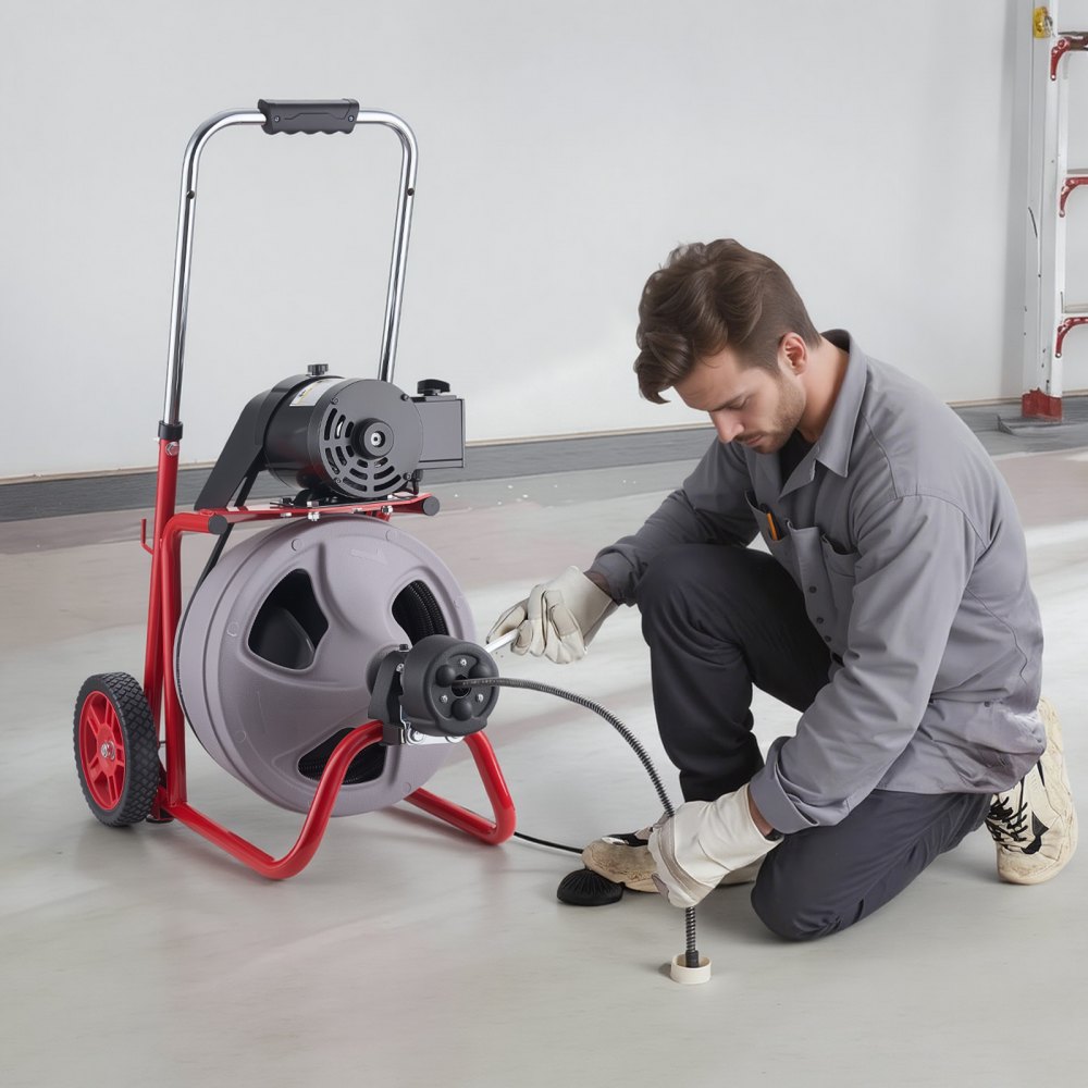 VEVOR Desatascador de Desagües Eléctrico 22 m x 9,5 mm, Máquina de Limpieza de Tuberías con Alimentación Automática, Tambor de Plástico, Limpiador de Tubos de Drenaje para Tuberías de 5 - 10 cm