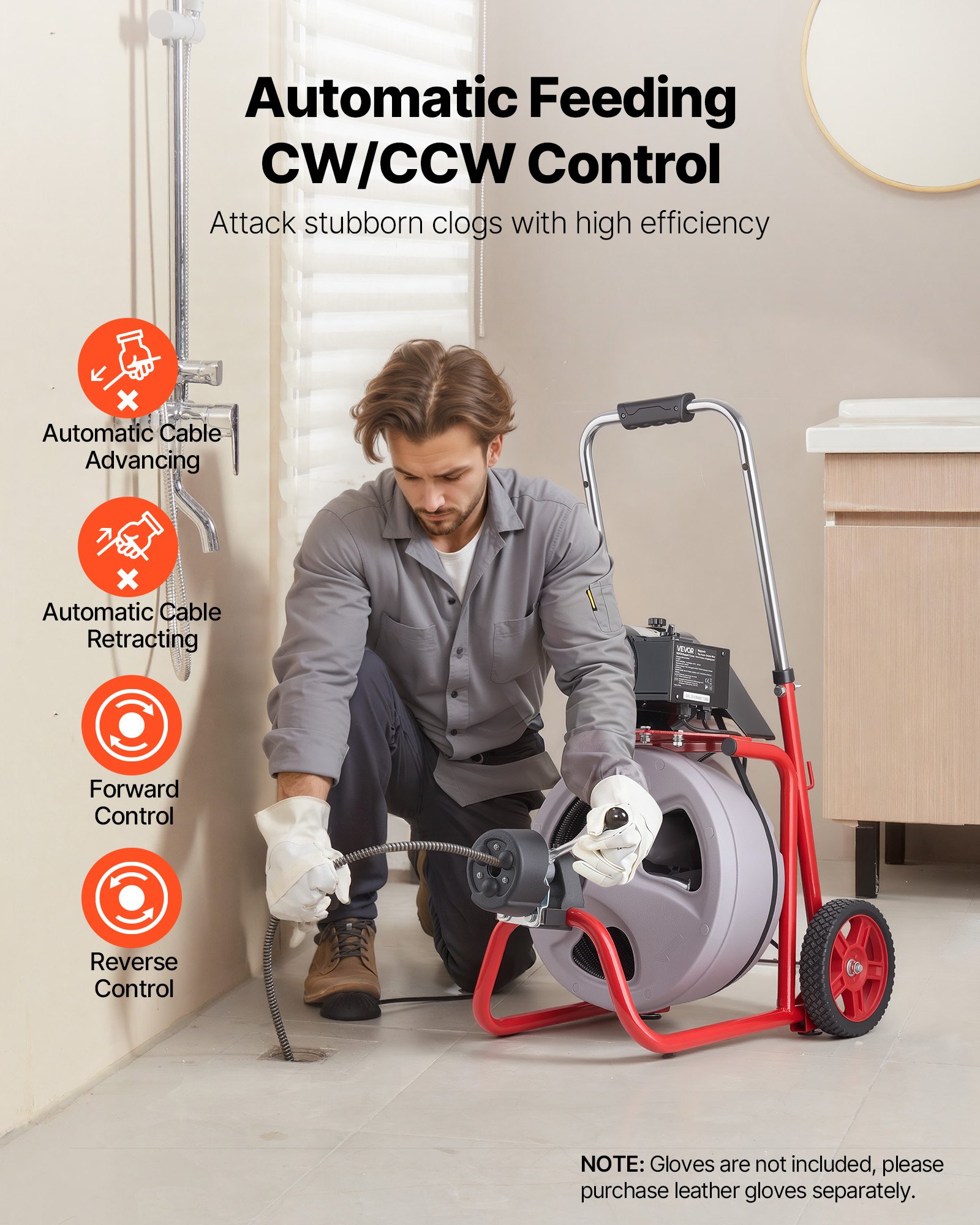 VEVOR Desatascador de Desagües Eléctrico 22 m x 9,5 mm, Máquina de Limpieza de Tuberías con Alimentación Automática, Tambor de Plástico, Limpiador de Tubos de Drenaje para Tuberías de 5 - 10 cm