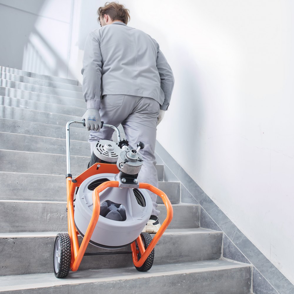 VEVOR Desatascador de tuberías eléctrico 22,86m x 0,95cm máquina limpiadora de tuberías con ruedas limpiador automático de tuberías accionamiento neumático con pedal para tuberías de 5-10 cm