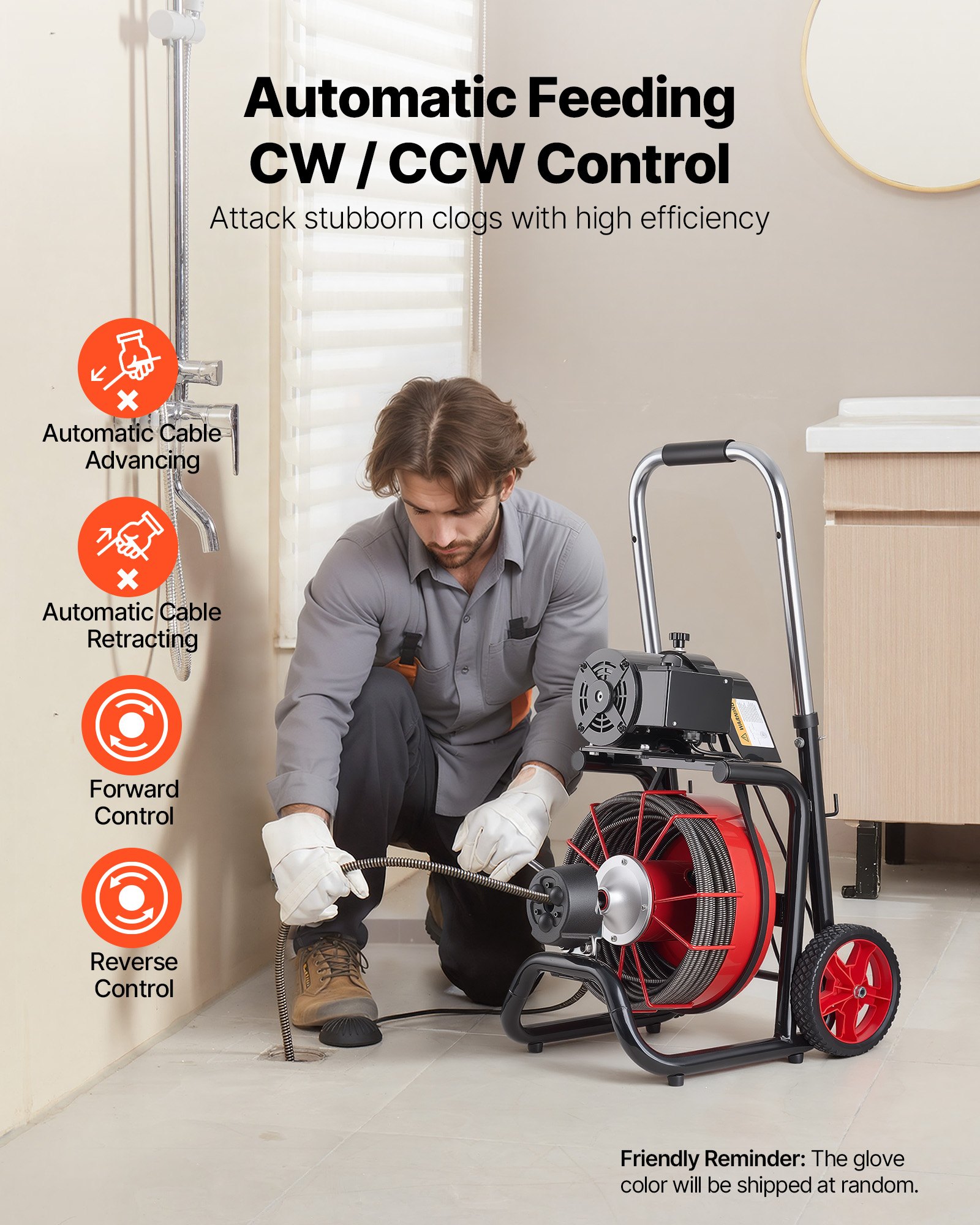 VEVOR Desatascador de Desagües Eléctrico 30m x 10,5mm Máquina de Limpieza de Tubería Alimentación Automática Interruptor de Pedal Neumático Limpiador de Tubos de Drenaje para Tuberías de 5-10 cm