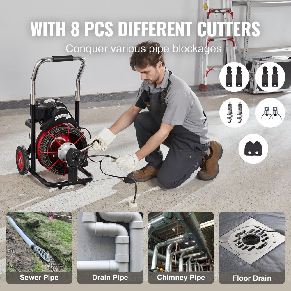 VEVOR Pipe Cleaning Machine 100 ft x 3/8 in, Automatic Pipe Cleaning Spiral on Wheels, 370W Portable Pipe Cleaning Machine with 8 Cutters and Air Activated Foot Switch for 2 to 4 Inch Pipes