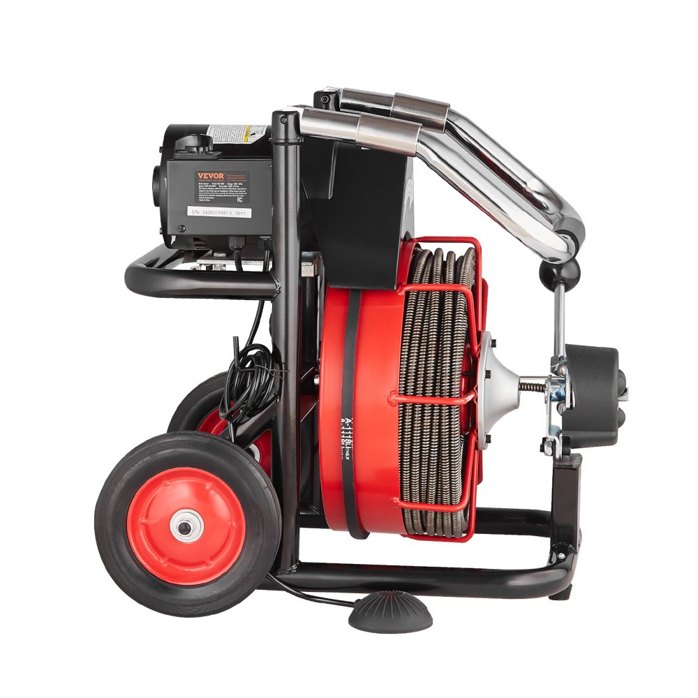 VEVOR Pipe Cleaning Machine 100 ft x 3/8 in, Automatic Pipe Cleaning Spiral on Wheels, 370W Portable Pipe Cleaning Machine with 8 Cutters and Air Activated Foot Switch for 2 to 4 Inch Pipes