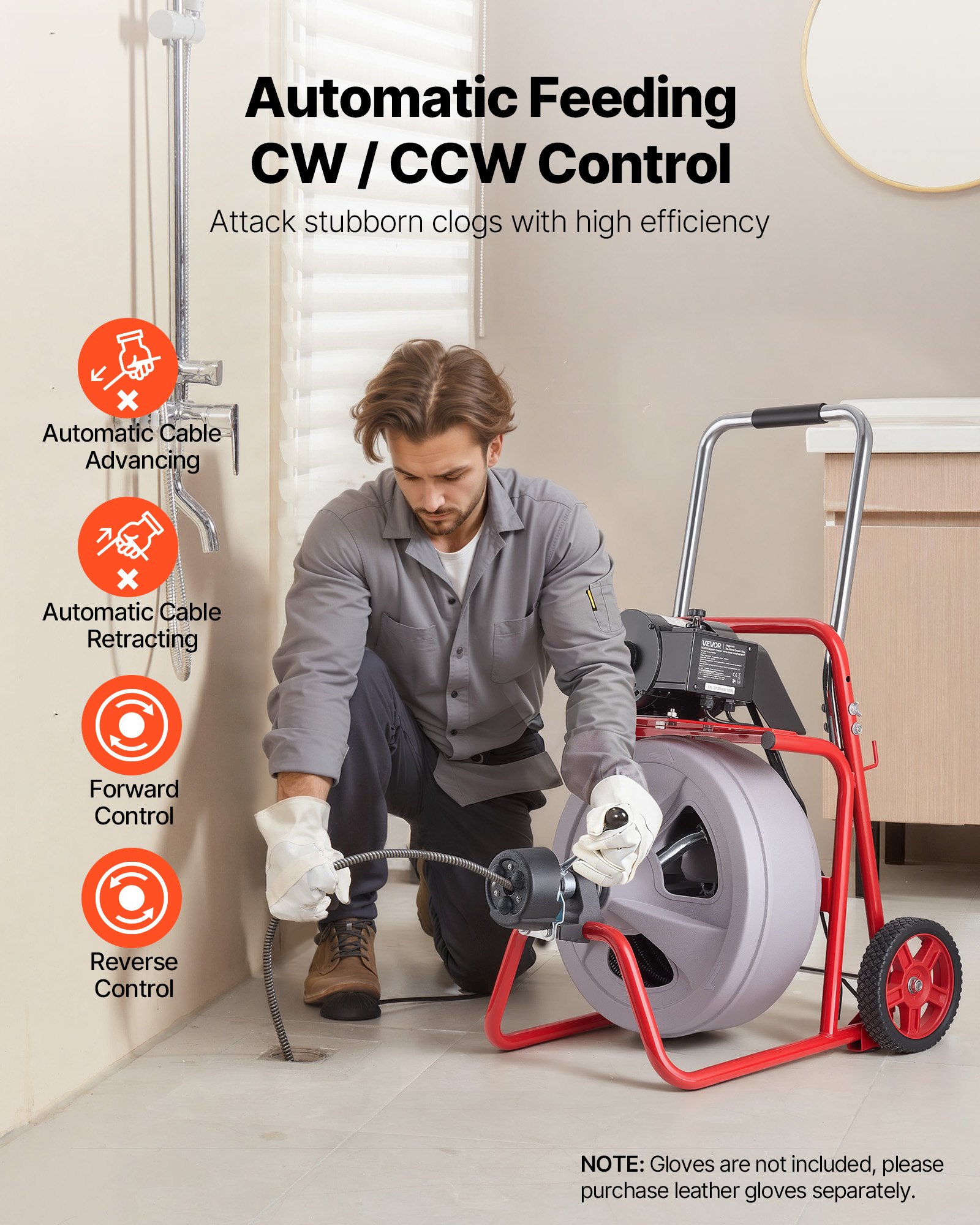 VEVOR Desatascador Eléctrico de Tuberías 22 m x 13 mm con Alimentación Automática con 8 Cabezales, Pedal y Ruedas Máquina para Desatascar Desagües Alcantarillado WC para Tuberías de 50 mm a 150 mm