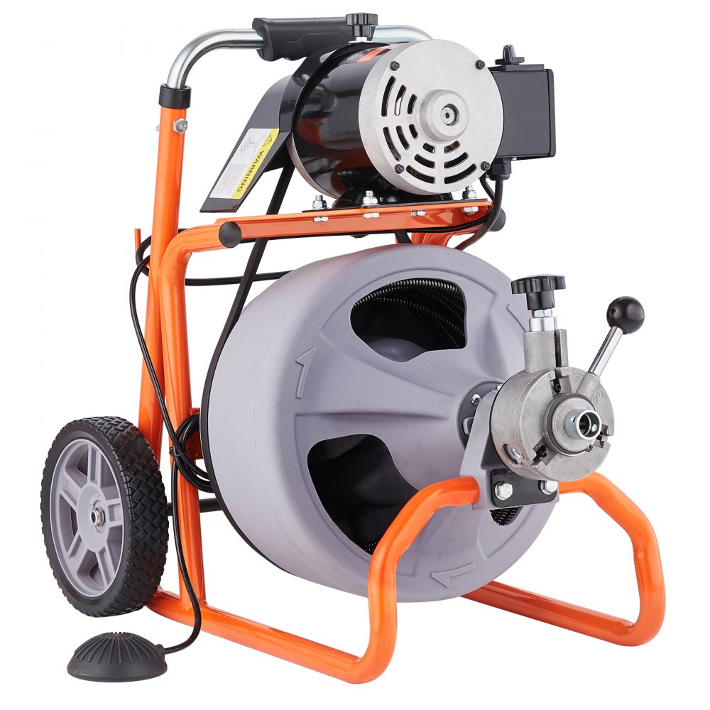 VEVOR Pipe Cleaning Machine 100 ft x 3/8 in, Automatic Pipe Cleaning Spiral on Wheels, Portable Pipe Cleaning Machine with 8 Cutters and Air Activated Foot Switch for 2 to 4 Inch Pipes