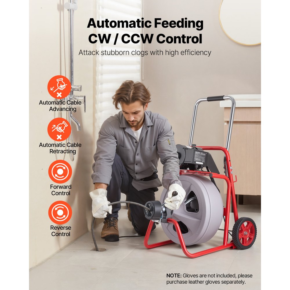 VEVOR Desatascador de Desagües Eléctrico 30 m x 13 mm, Máquina de Limpieza de Tuberías con Alimentación Automática, Tambor de Plástico, Limpiador de Tubos de Drenaje para Tuberías de 5 - 10 cm