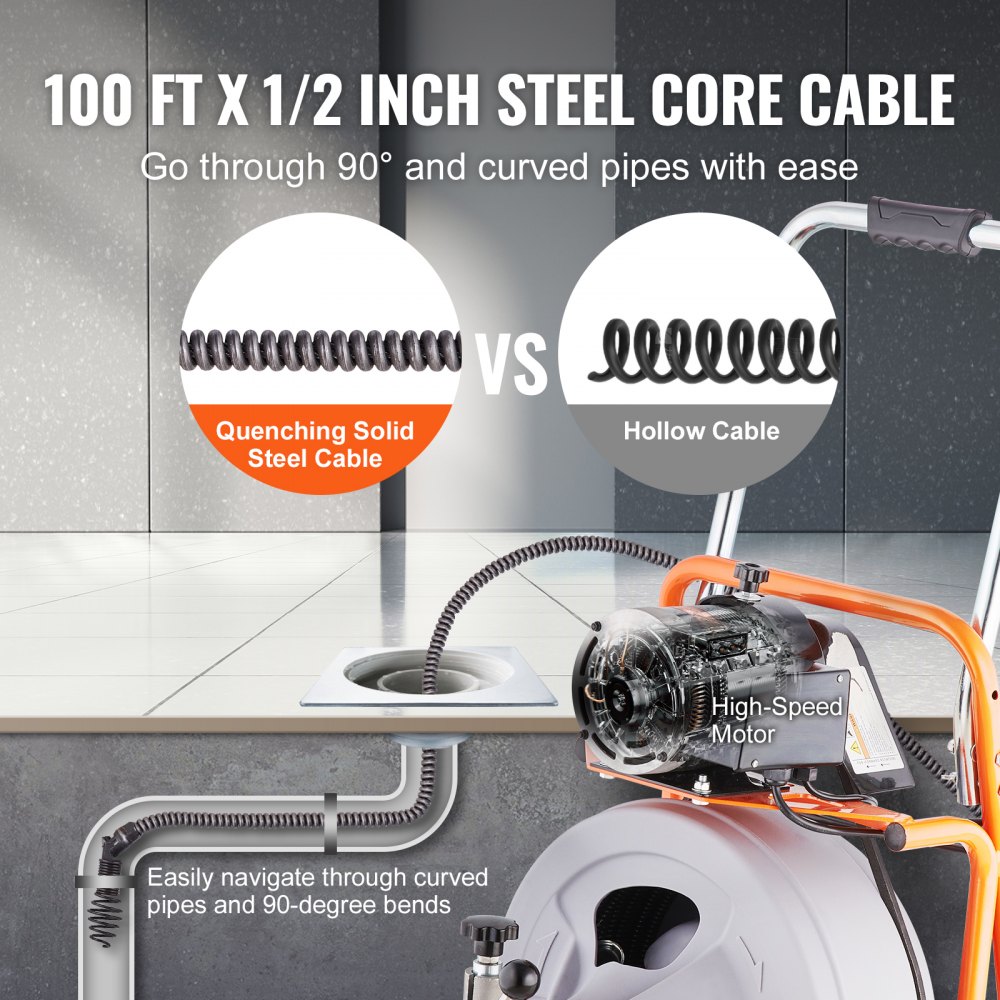 VEVOR Desbloqueador de Tuberías Eléctrico Máquina de Limpieza de Tuberías 30m x 1,27cm Limpiador de Tubos de Drenaje con Alimentación Automática Accionamiento Neumático para Tuberías de 5-10 cm