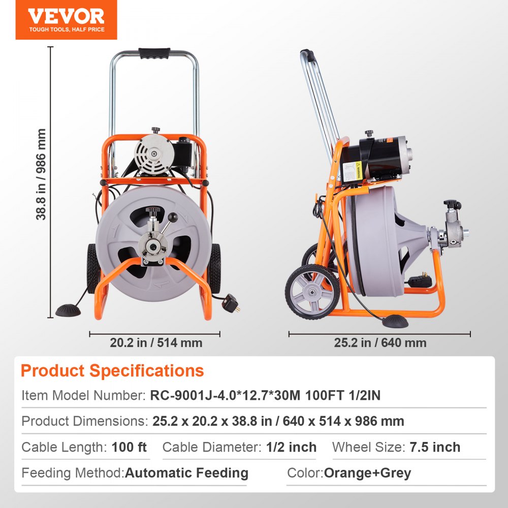 VEVOR Desbloqueador de Tuberías Eléctrico Máquina de Limpieza de Tuberías 30m x 1,27cm Limpiador de Tubos de Drenaje con Alimentación Automática Accionamiento Neumático para Tuberías de 5-10 cm