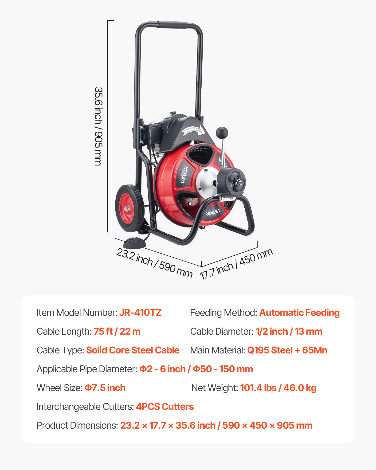 VEVOR Desatascador de Desagües Eléctrico Cable de 22 m de Longitud y 13 mm de Diámetro, Máquina de Limpieza de Tuberías con Alimentación Automática, Limpiador  para Tubos de Drenaje de 5-10 cm