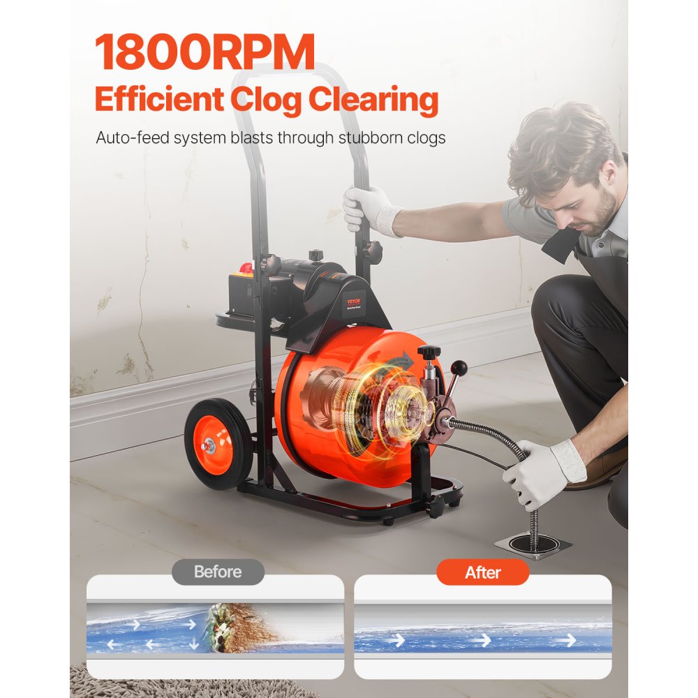 VEVOR Electric Pipe Cleaning Machine 220V Pipe Cleaner 23m x 12.7mm Steel Cable Pipe Cleaning Spiral 1500 RPM No-Load Speed Drain Cleaner Drain Cleaning Machine Cleaning Tools