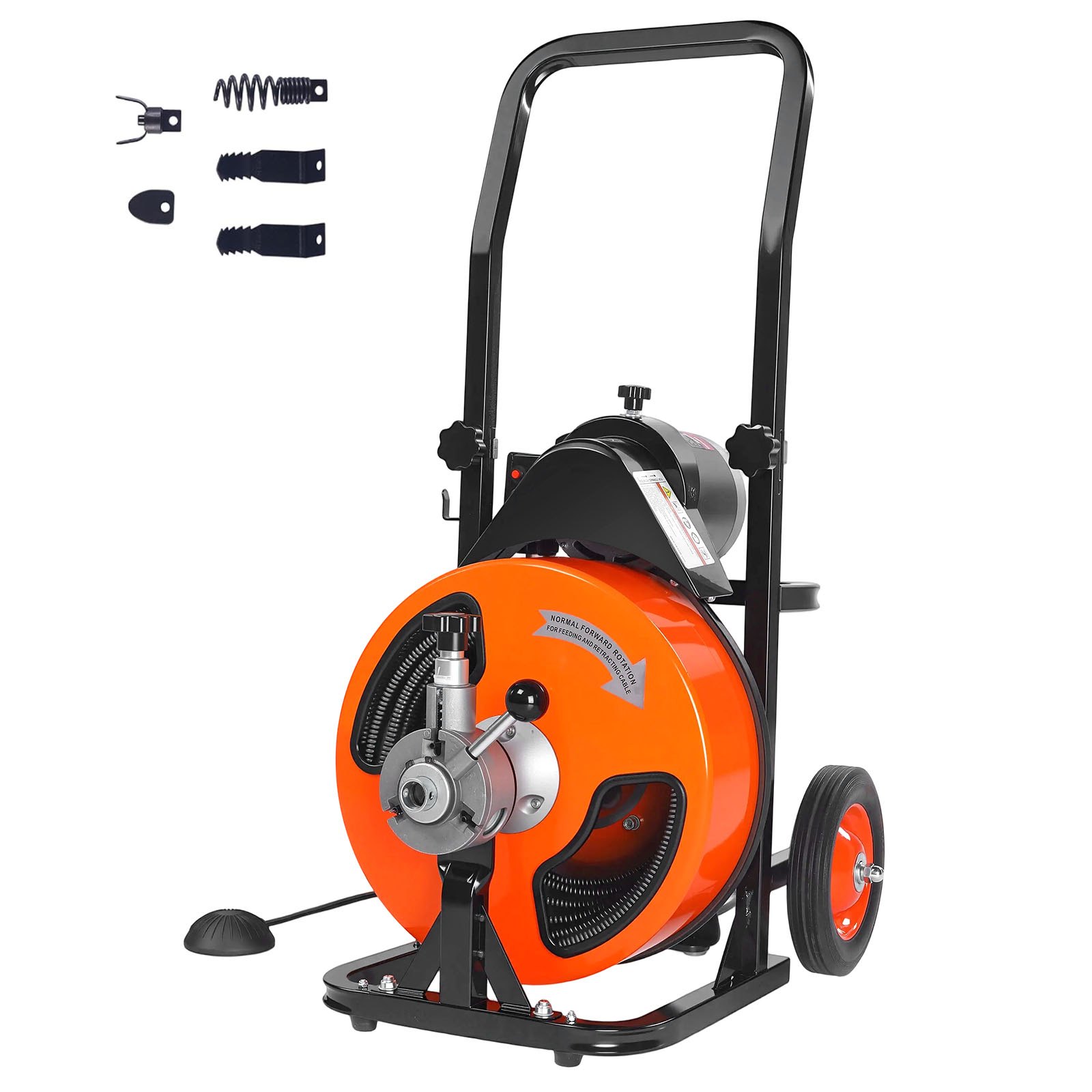 VEVOR Desatascador Eléctrico de Desagües 15m x 12,7mm Máquina Limpiadora de Tuberías Fuente de Alimentación Automático con 4 Cortatubos de Pie para Tuberías de 2,54-10,16 cm Alcantarillado Inodoro