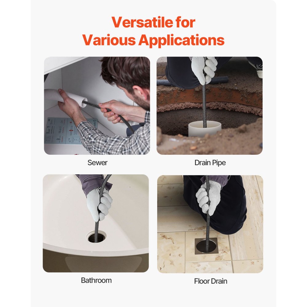 VEVOR Desatascador Eléctrico de Desagües 30 m x 12,7 mm Máquina Limpiadora de Tuberías Fuente de Alimentación Automático con 4 Cortatubos de Pie para Tuberías de 5,08 a 10,16 cm Alcantarillado Inodoro