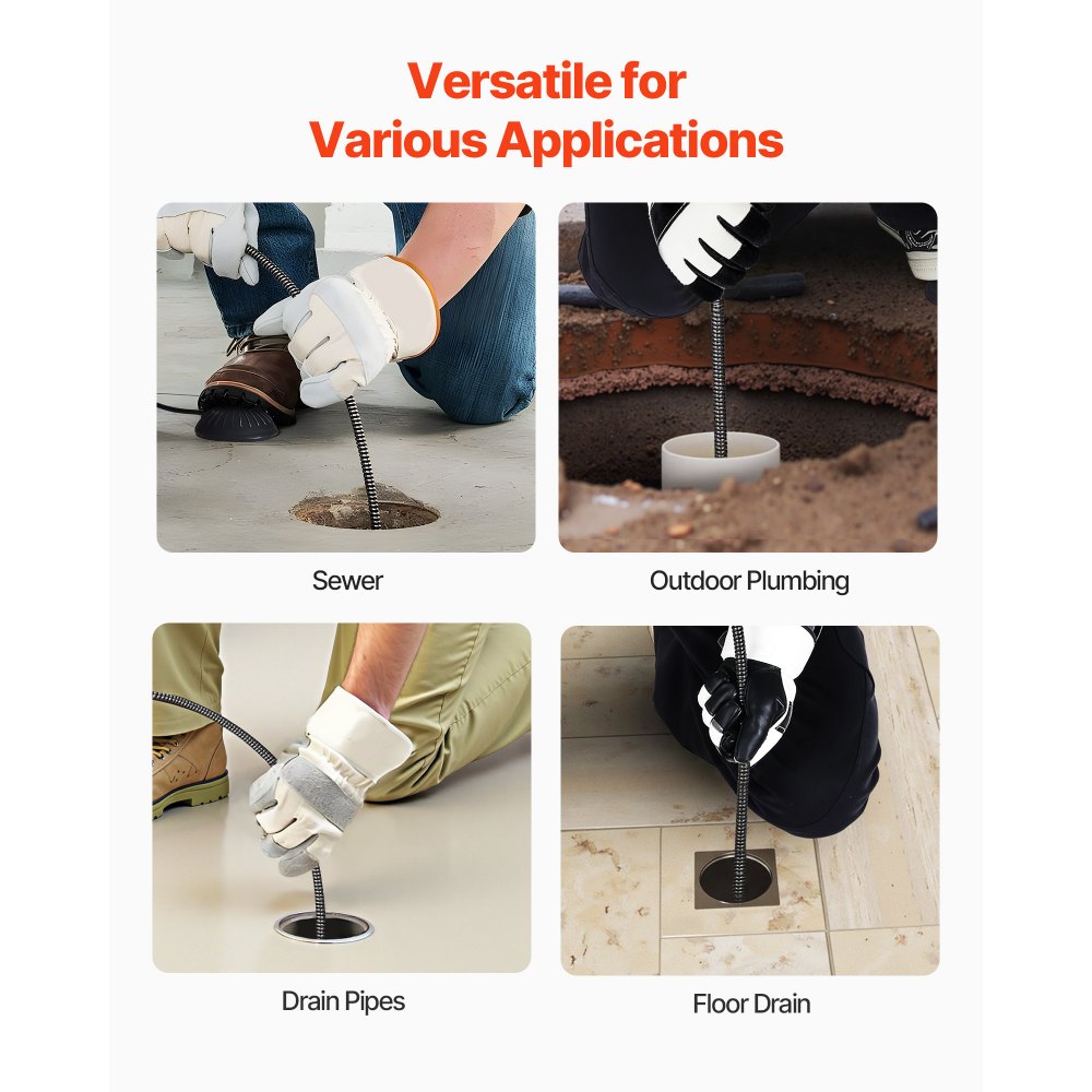 VEVOR Desatascador Eléctrico de Tuberías 30 m x 19 mm con Alimentación Automática con 4 Cabezales y Ruedas Máquina para Desagües Jardín Alcantarillado WC Exterior para Tuberías de 100 mm a 200 mm