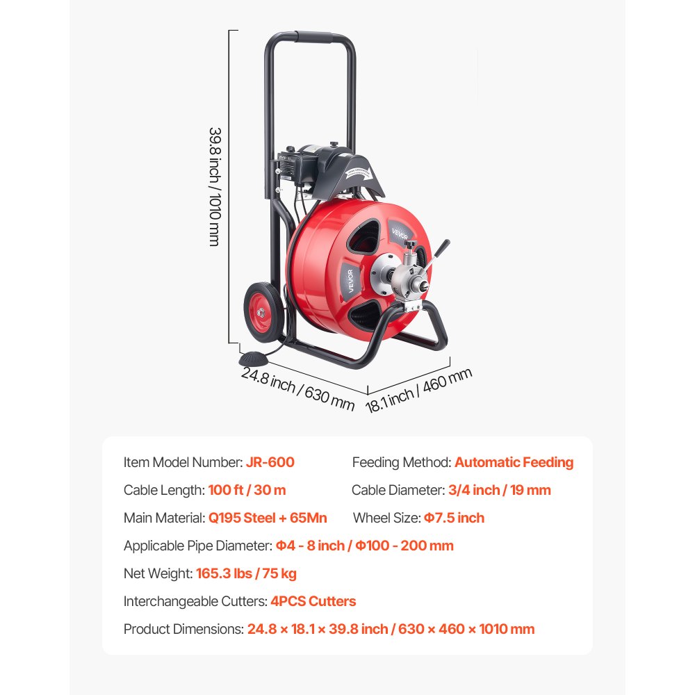 VEVOR Desatascador Eléctrico de Tuberías 30 m x 19 mm con Alimentación Automática con 4 Cabezales y Ruedas Máquina para Desagües Jardín Alcantarillado WC Exterior para Tuberías de 100 mm a 200 mm