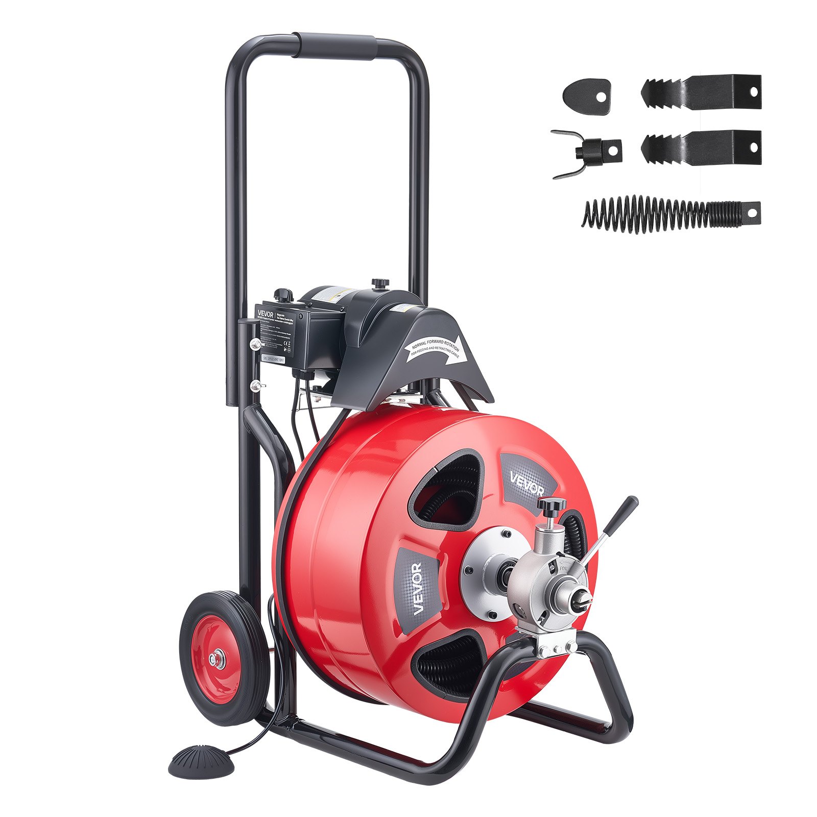 VEVOR Desatascador Eléctrico de Tuberías 30 m x 19 mm con Alimentación Automática con 4 Cabezales y Ruedas Máquina para Desagües Jardín Alcantarillado WC Exterior para Tuberías de 100 mm a 200 mm