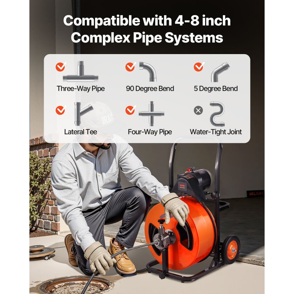 VEVOR Máquina de Limpieza de Desagües, Máquina Desatascadora de Alcantarillado con Alimentación Automática, con 4 Cortadores e Interruptor de Pie Activado por Aire para Tuberías, 580 x 475 x 920 mm