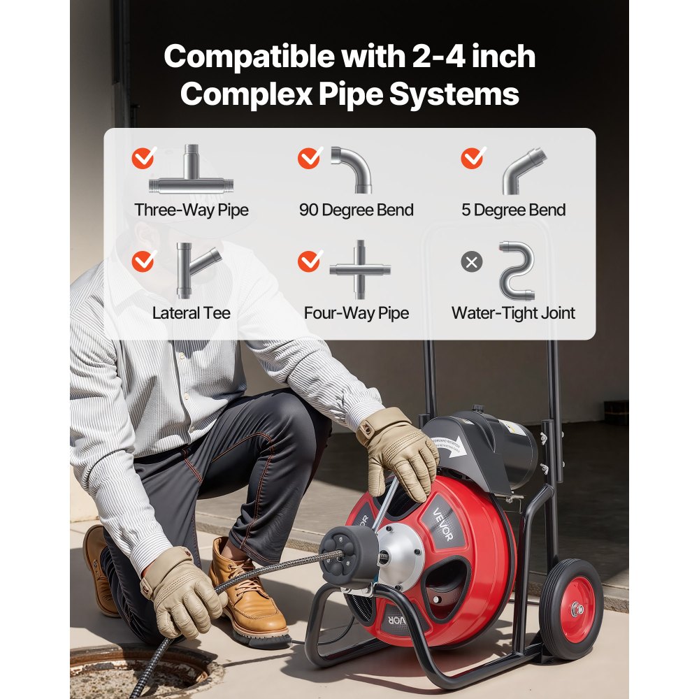 VEVOR Desatascador Eléctrico de Tuberías 30 m x 9,5 mm con Alimentación Automática con 4 Cabezales y Ruedas Máquina para Desatascar Desagües Fregadero WC Alcantarillado para Tuberías de 50 mm a 100 mm