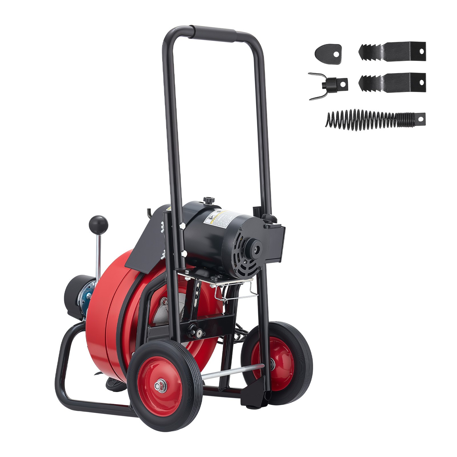 VEVOR Desatascador Eléctrico de Tuberías 30 m x 9,5 mm con Alimentación Automática con 4 Cabezales y Ruedas Máquina para Desatascar Desagües Fregadero WC Alcantarillado para Tuberías de 50 mm a 100 mm