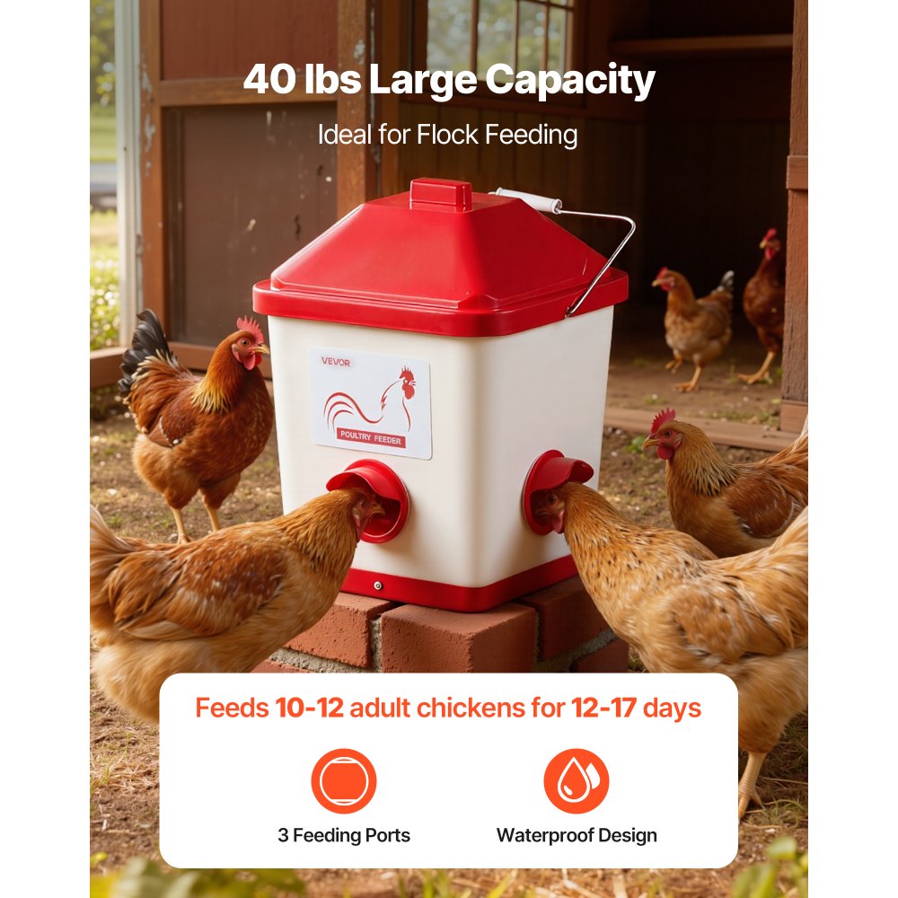 VEVOR Comedero Automático para Pollos, Capacidad 18 kg, Dispensador Colgante de Gravedad con Asa, Diseño Impermeable y Sin Residuos, 3 Puertos de Alimentación, 350 x 330 x 425 mm, Blanco y Rojo