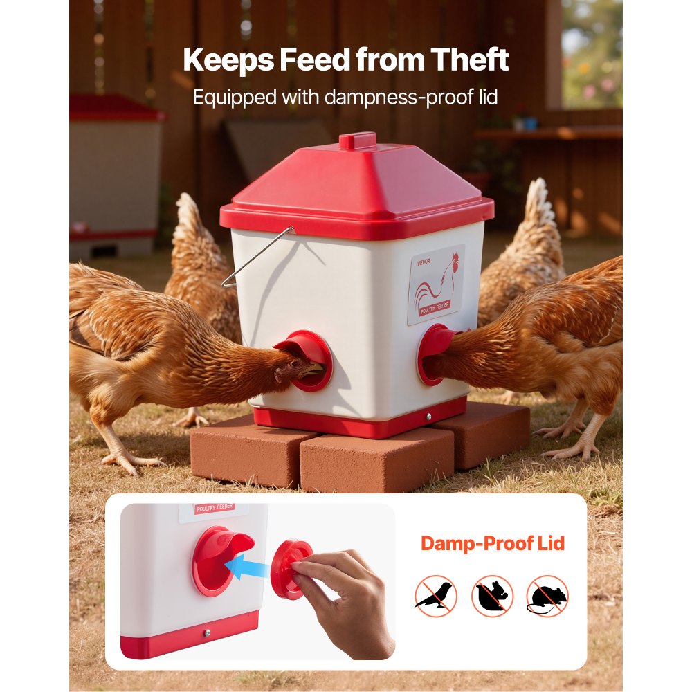 VEVOR Comedero Automático para Pollos, Capacidad 18 kg, Dispensador Colgante de Gravedad con Asa, Diseño Impermeable y Sin Residuos, 3 Puertos de Alimentación, 350 x 330 x 425 mm, Blanco y Rojo