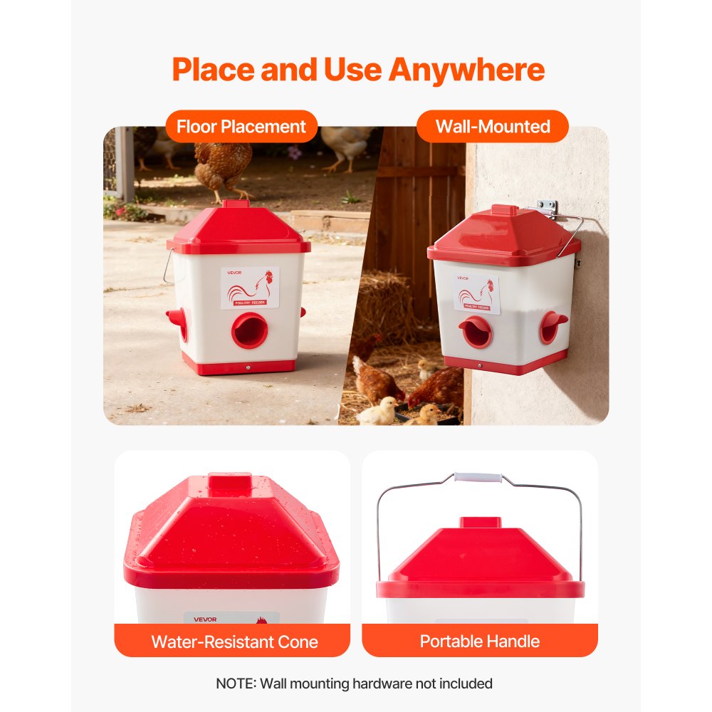 VEVOR Comedero Automático para Pollos, Capacidad 18 kg, Dispensador Colgante de Gravedad con Asa, Diseño Impermeable y Sin Residuos, 3 Puertos de Alimentación, 350 x 330 x 425 mm, Blanco y Rojo