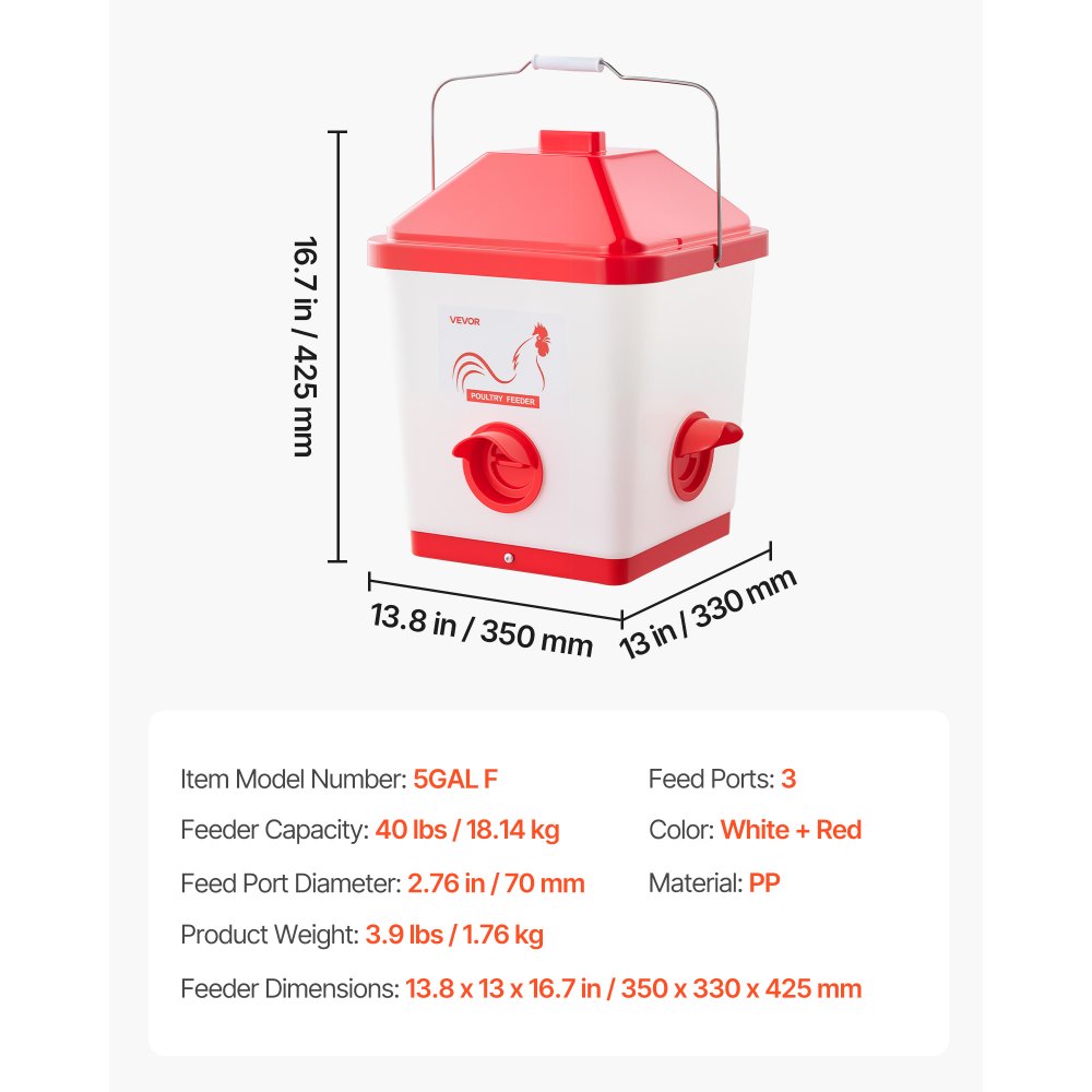VEVOR Comedero Automático para Pollos, Capacidad 18 kg, Dispensador Colgante de Gravedad con Asa, Diseño Impermeable y Sin Residuos, 3 Puertos de Alimentación, 350 x 330 x 425 mm, Blanco y Rojo