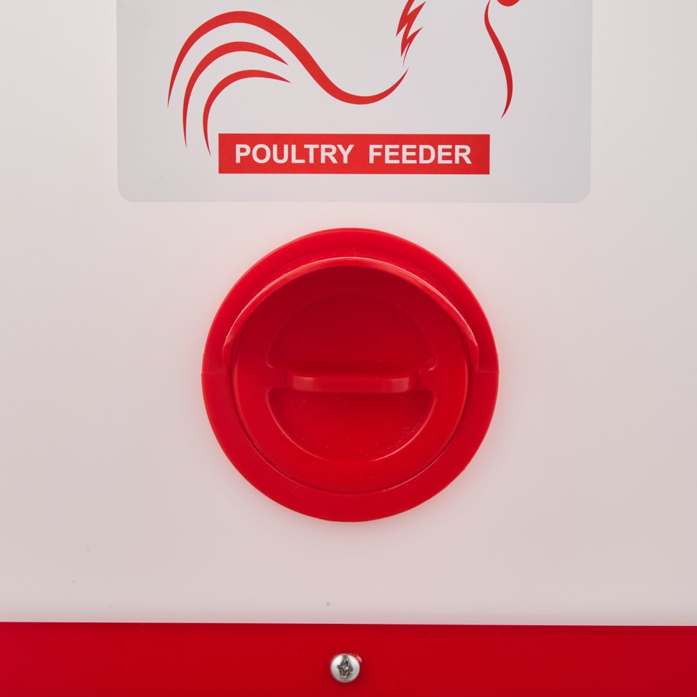 VEVOR Comedero Automático para Pollos, Capacidad 18 kg, Dispensador Colgante de Gravedad con Asa, Diseño Impermeable y Sin Residuos, 3 Puertos de Alimentación, 350 x 330 x 425 mm, Blanco y Rojo