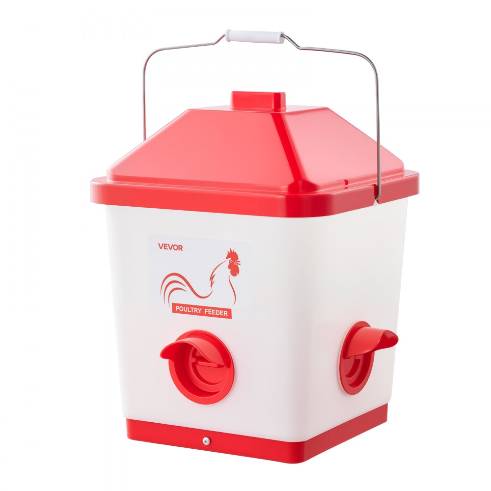 VEVOR Comedero Automático para Pollos, Capacidad 18 kg, Dispensador Colgante de Gravedad con Asa, Diseño Impermeable y Sin Residuos, 3 Puertos de Alimentación, 350 x 330 x 425 mm, Blanco y Rojo
