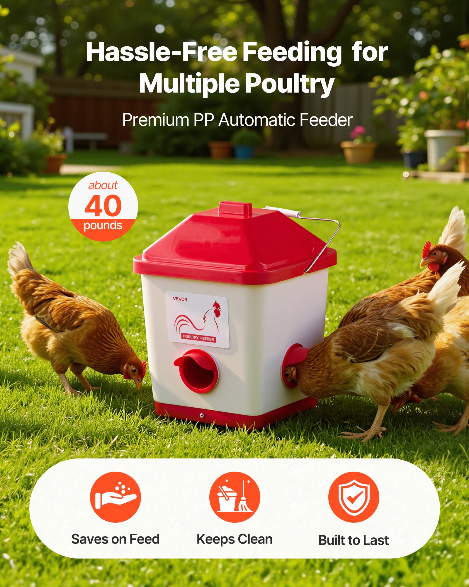 VEVOR Comedero Automático para Pollos, Capacidad 18 kg, Dispensador Colgante de Gravedad con Asa, Diseño Impermeable y Sin Residuos, 3 Puertos de Alimentación, 350 x 330 x 425 mm, Blanco y Rojo