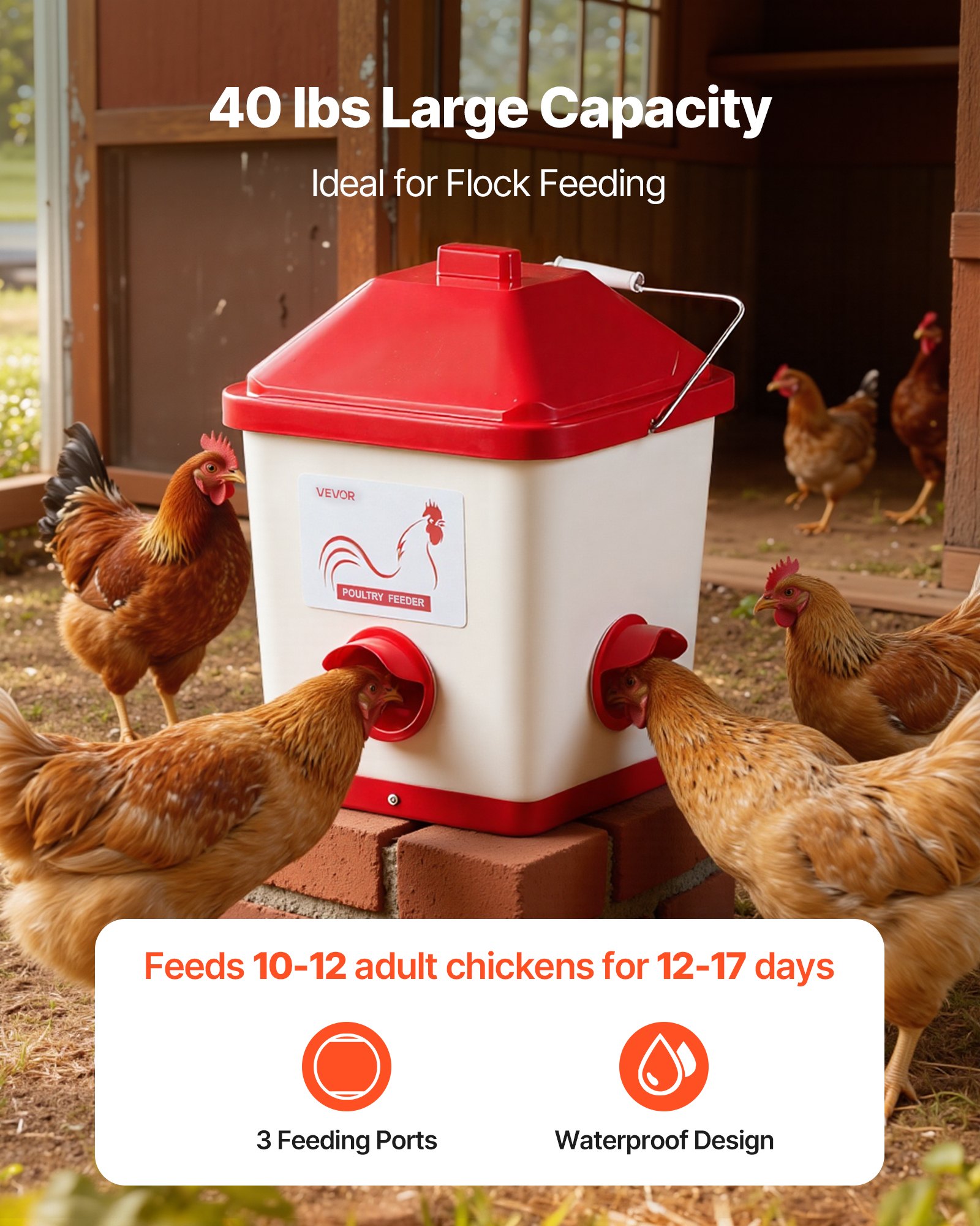 VEVOR Comedero Automático para Pollos, Capacidad 18 kg, Dispensador Colgante de Gravedad con Asa, Diseño Impermeable y Sin Residuos, 3 Puertos de Alimentación, 350 x 330 x 425 mm, Blanco y Rojo