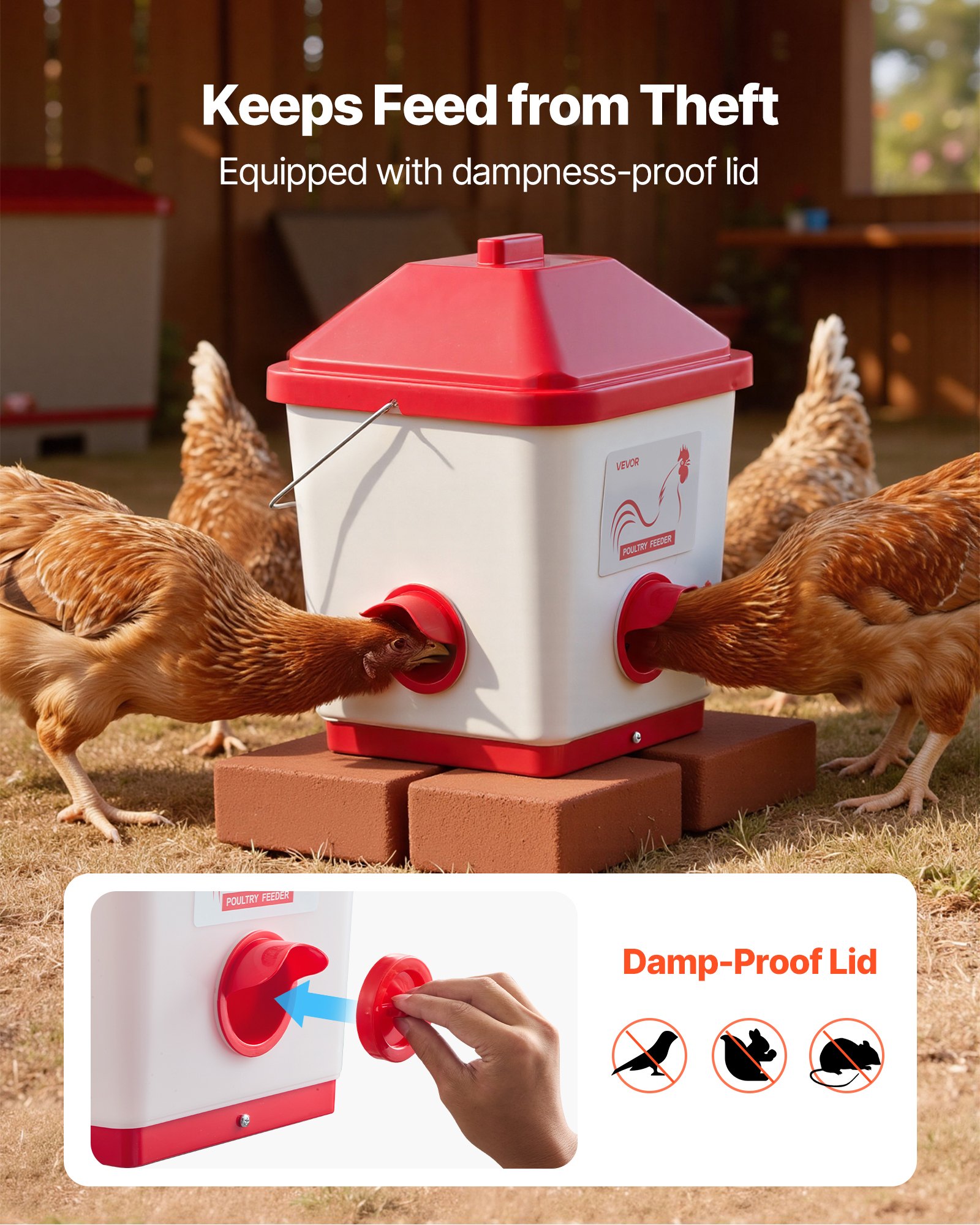 VEVOR Comedero Automático para Pollos, Capacidad 18 kg, Dispensador Colgante de Gravedad con Asa, Diseño Impermeable y Sin Residuos, 3 Puertos de Alimentación, 350 x 330 x 425 mm, Blanco y Rojo