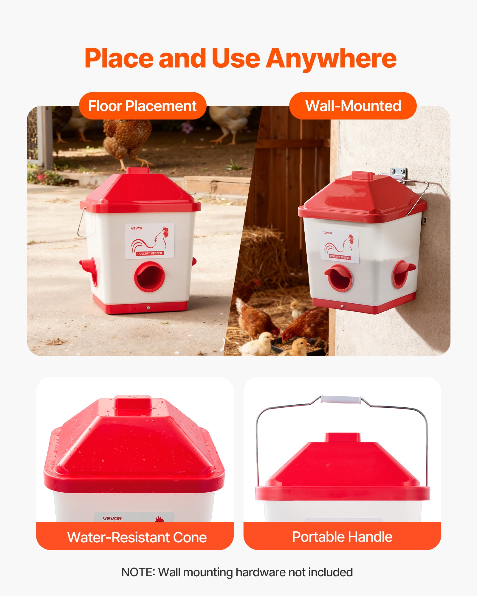 VEVOR Comedero Automático para Pollos, Capacidad 18 kg, Dispensador Colgante de Gravedad con Asa, Diseño Impermeable y Sin Residuos, 3 Puertos de Alimentación, 350 x 330 x 425 mm, Blanco y Rojo