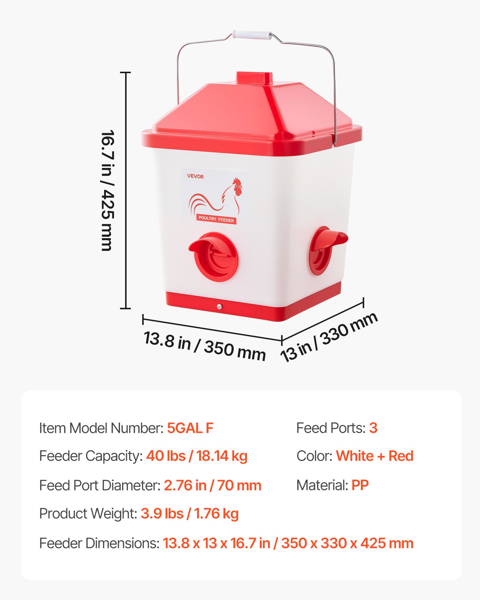 VEVOR Comedero Automático para Pollos, Capacidad 18 kg, Dispensador Colgante de Gravedad con Asa, Diseño Impermeable y Sin Residuos, 3 Puertos de Alimentación, 350 x 330 x 425 mm, Blanco y Rojo