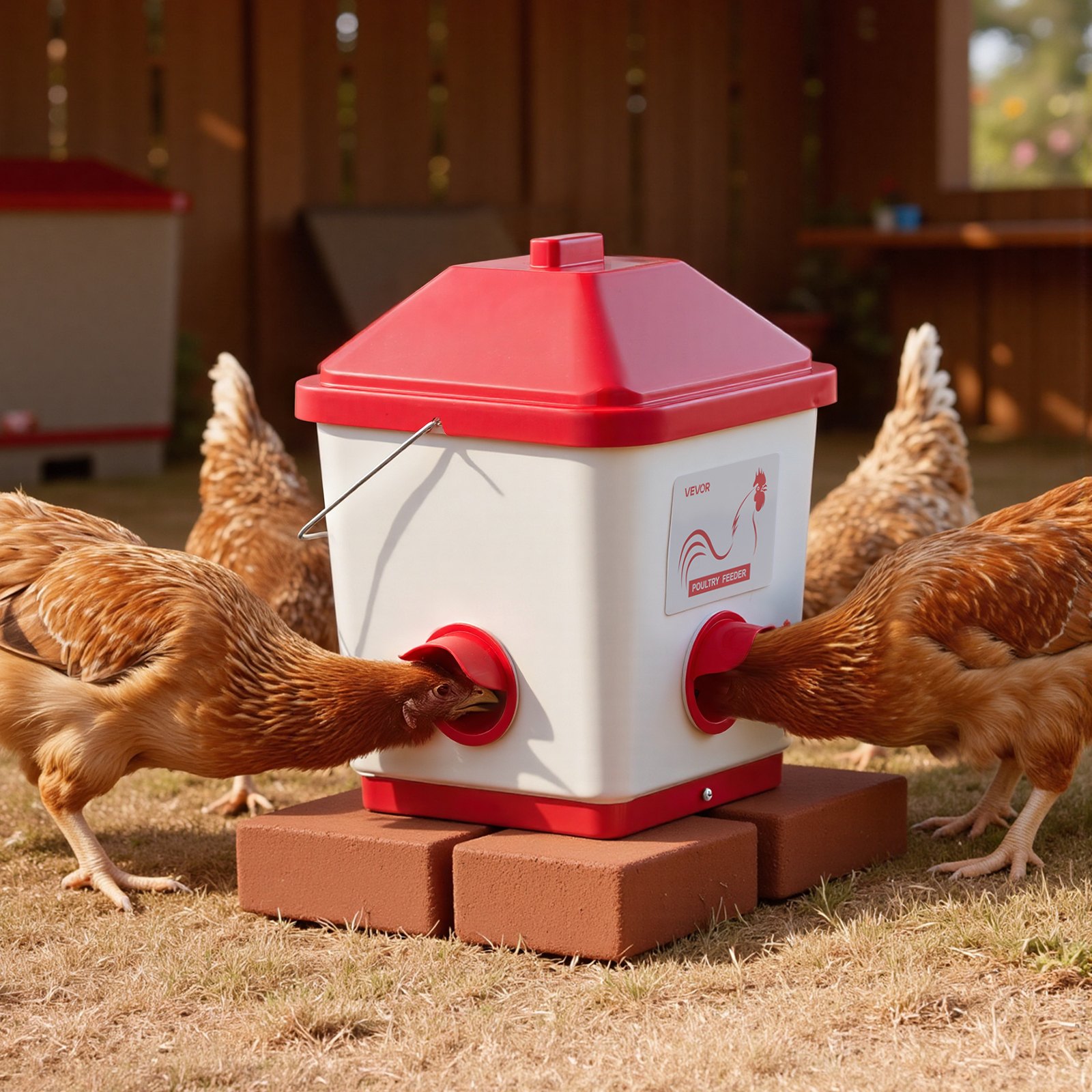 VEVOR Comedero Automático para Pollos, Capacidad 18 kg, Dispensador Colgante de Gravedad con Asa, Diseño Impermeable y Sin Residuos, 3 Puertos de Alimentación, 350 x 330 x 425 mm, Blanco y Rojo
