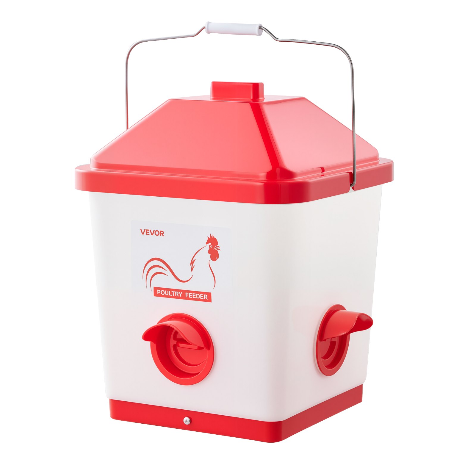 VEVOR Comedero Automático para Pollos, Capacidad 18 kg, Dispensador Colgante de Gravedad con Asa, Diseño Impermeable y Sin Residuos, 3 Puertos de Alimentación, 350 x 330 x 425 mm, Blanco y Rojo