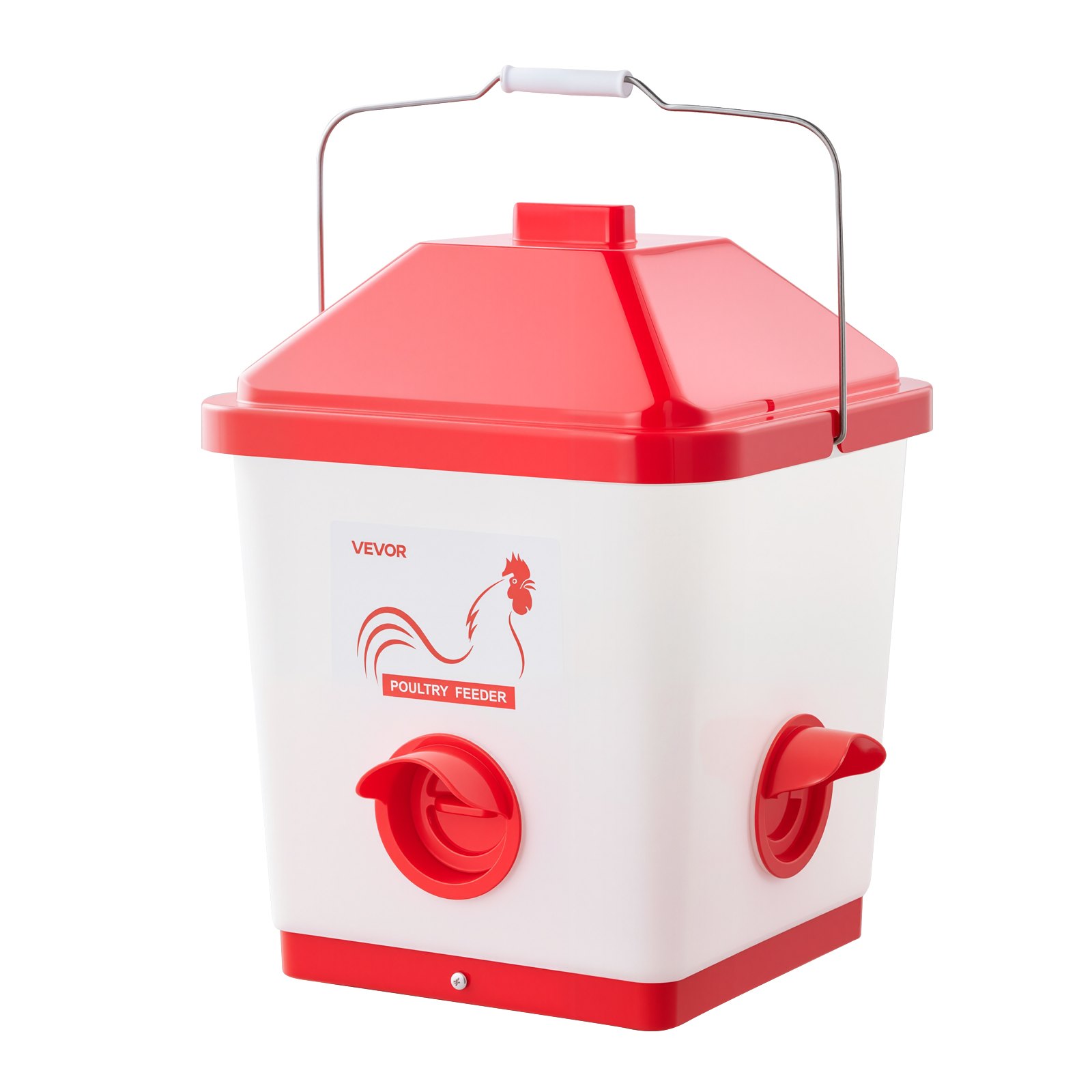 VEVOR Comedero Automático para Pollos, Capacidad 18 kg, Dispensador Colgante de Gravedad con Asa, Diseño Impermeable y Sin Residuos, 3 Puertos de Alimentación, 350 x 330 x 425 mm, Blanco y Rojo