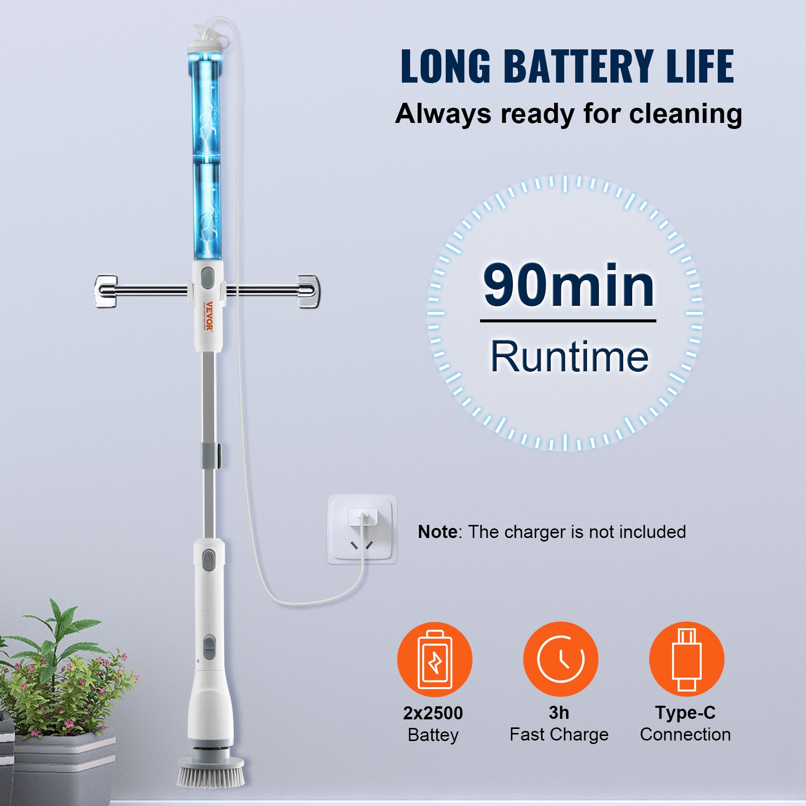 VEVOR Cepillo de Limpieza Eléctrico Recargable sin Cable Fregadora Giratoria Eléctrica con 4 Cabezales Recambiables Velocidad de 280/380 rpm Longitud y Ángulo Ajustables para Bañeras Baños Cocinas