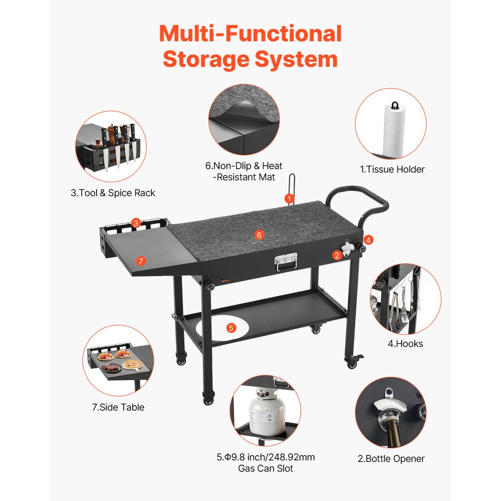 VEVOR Carro de Barbacoa Plegable 787 x 432 mm, Mesa de Barbacoa para Exteriores con Ruedas y Estante, Carrito con Soporte para Pañuelos y Ganchos, Mesa Auxiliar para Jardín, Picnic, Cocina, Patio